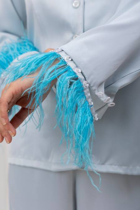 Dawn And Dusk_Blue Silk, Satin Feathers Collared Detailed Shirt And Pant Set_at_Aza_Fashions