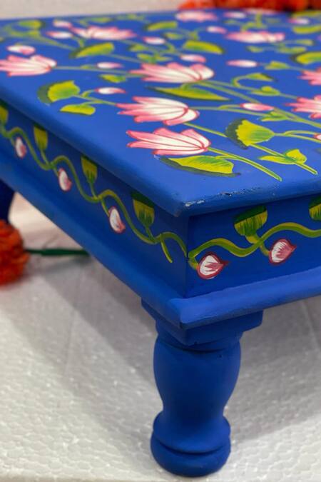 Purana Darwaza_Blue Wood Hand Painted Lotus Chowki_at_Aza_Fashions