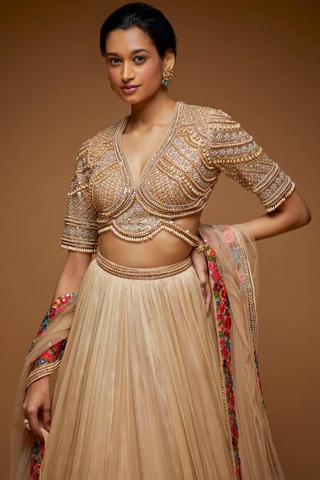 Neeta Lulla_Beige Flower Vine Embroidered Lehenga Set_at_Aza_Fashions