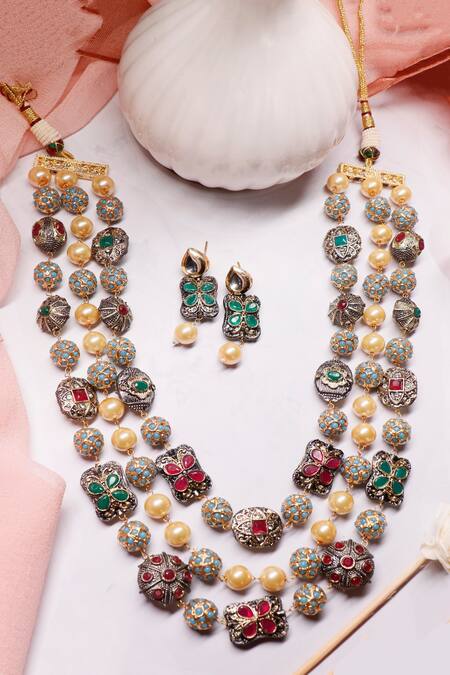 Ishhaara Gold Plated Stones, Pearls Layered Victorian Necklace Set at Aza Fashions Ishhaara_Gold Plated Stones, Pearls Layered Victorian Necklace Set _at_Aza_Fashions