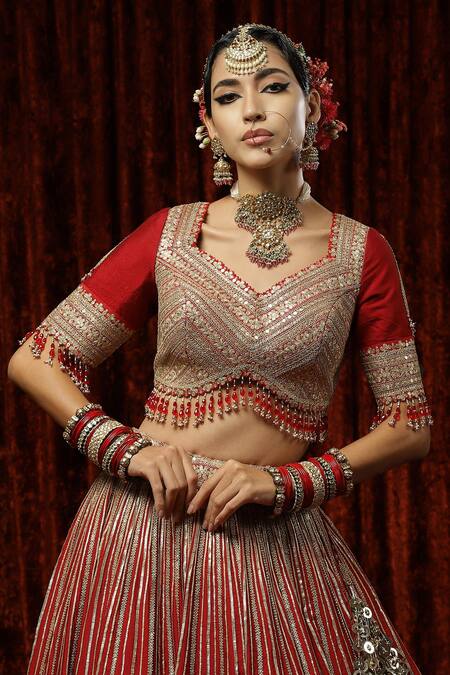 Shop Shikhar Sharma Red Silk, Crepe, Chanderi Tassels, Embroidery, Beads Gota Bridal Lehenga Set Online at Aza Fashions Shop_Shikhar Sharma_Red Silk, Crepe, Chanderi Tassels, Embroidery, Beads Gota Bridal Lehenga Set _Online_at_Aza_Fashions