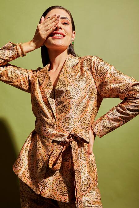 Fuga Multi Color Maheshwari Taupe Floral Mandala Pattern Blazer And Pant Set Online at Aza Fashions Fuga_Multi Color Maheshwari Taupe Floral Mandala Pattern Blazer And Pant Set_Online_at_Aza_Fashions