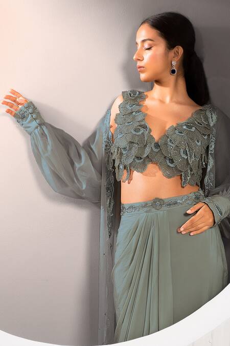 Jade By Ashima_Grey Organza, Crepe Mirrors, Embroidery V-neck, Open Cuff Shrug Draped Skirt Set _at_Aza_Fashions