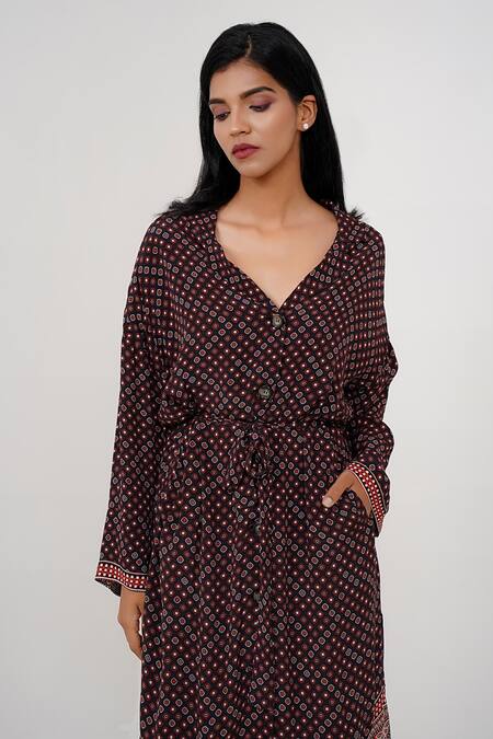 More Soul_Brown 100 % Viscose Print Diamond Spread Collar Tile Dress_at_Aza_Fashions