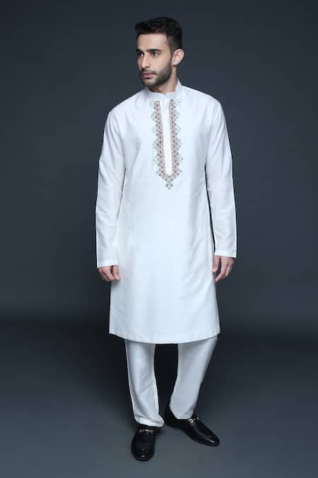 Shop_Sanjev Marwaaha_Ivory Cotton, Silk Sequins, Beads, Embroidery Geometric Bundi Kurta Set_Online_at_Aza_Fashions