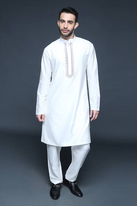 Shop_Sanjev Marwaaha_Ivory Cotton, Silk Sequins, Beads Floral Hand Embroidered Bundi Kurta Set_Online_at_Aza_Fashions