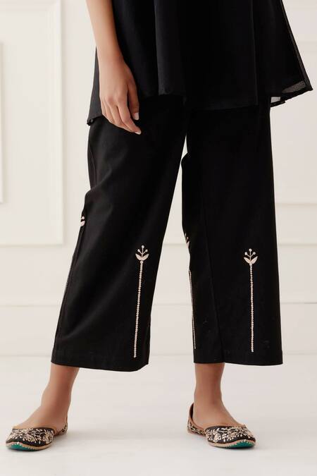 Kamaltaas_Black Chanderi Silk, Satin, Embroidery A-line Kurta And Pant Set _at_Aza_Fashions