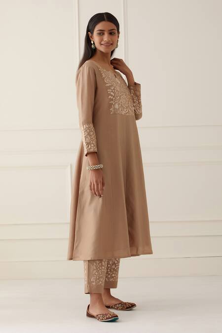 Shop_Kamaltaas_Brown Chanderi Silk Embroidery Round Neck Hand Anarkali And Pant Set_Online_at_Aza_Fashions