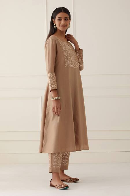 Shop_Kamaltaas_Brown Silk, Embroidery Round Neck Hand Anarkali Pant Set_Online_at_Aza_Fashions