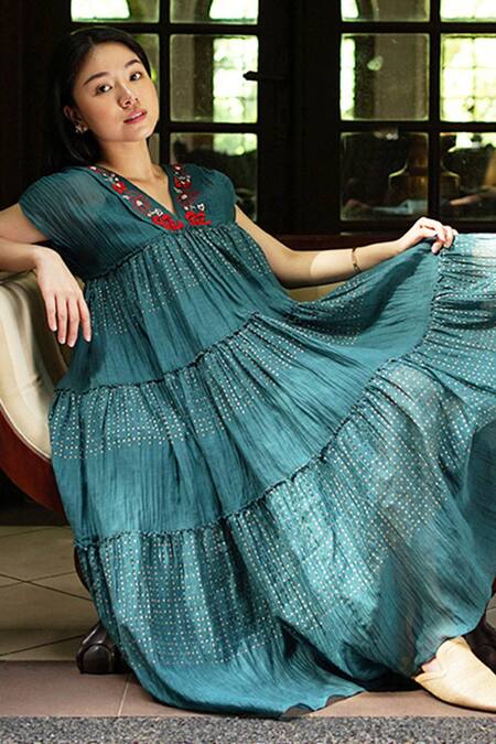 Shop_Baju_Green Chanderi Cotton, Silk Embroidery V-neck Floral Maxi Dress_Online_at_Aza_Fashions