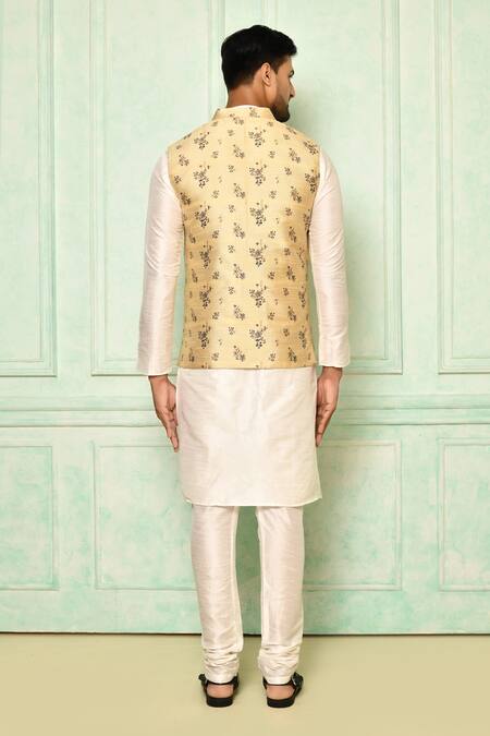 Shop Arihant Rai Sinha Beige Jacquard Embroidery Floral Printed Bundi at Aza Fashions Shop_Arihant Rai Sinha_Beige Jacquard Embroidery Floral Printed Bundi_at_Aza_Fashions