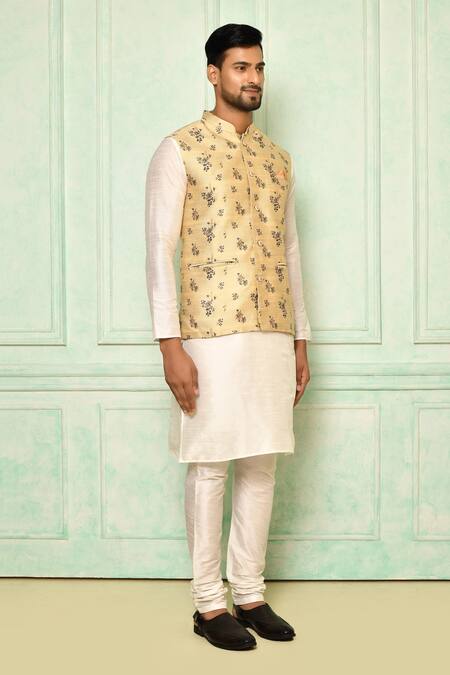 Arihant Rai Sinha Beige Jacquard Embroidery Floral Printed Bundi Online at Aza Fashions Arihant Rai Sinha_Beige Jacquard Embroidery Floral Printed Bundi_Online_at_Aza_Fashions
