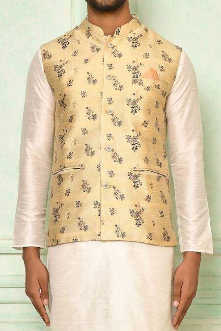 Arihant Rai Sinha_Beige Jacquard Embroidery Floral Printed Bundi_at_Aza_Fashions