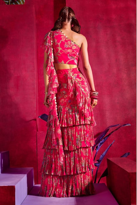 Shop_Limerick by Abirr N' Nanki_Fuchsia Georgette Floral Print One Shoulder Eliza Pre-draped Saree With Blouse _at_Aza_Fashions