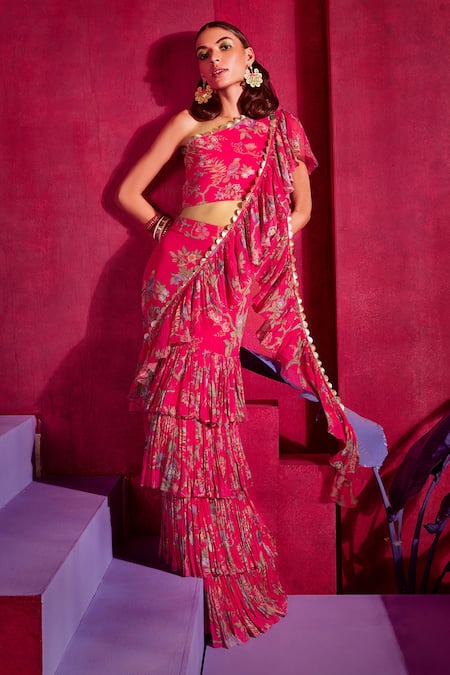 Limerick by Abirr N' Nanki_Fuchsia Georgette Floral Print One Shoulder Eliza Pre-draped Saree With Blouse _Online_at_Aza_Fashions