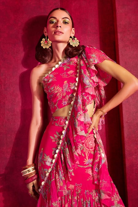 Buy_Limerick by Abirr N' Nanki_Fuchsia Georgette Floral Print One Shoulder Eliza Pre-draped Saree With Blouse _Online_at_Aza_Fashions