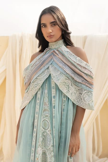 Shop Megha Bansal Blue Silk Organza Sequin And Beads Work, Zardozi Almora Embroidered Panelled With Online at Aza Fashions Shop_Megha Bansal_Blue Silk Organza Sequin And Beads Work, Zardozi Almora Embroidered Panelled With _Online_at_Aza_Fashions