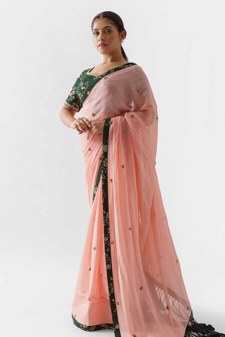 Suruchi Parakh Peach Georgette Crepe Floral V Neck Embroidered Saree With Blouse Online at Aza Fashions Suruchi Parakh_Peach Georgette Crepe Floral V Neck Embroidered Saree With Blouse _Online_at_Aza_Fashions