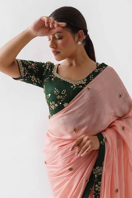Buy Suruchi Parakh Peach Georgette Crepe Floral V Neck Embroidered Saree With Blouse Online at Aza Fashions Buy_Suruchi Parakh_Peach Georgette Crepe Floral V Neck Embroidered Saree With Blouse _Online_at_Aza_Fashions