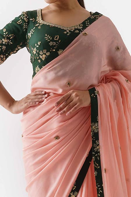 Shop Suruchi Parakh Peach Georgette Crepe Floral V Neck Embroidered Saree With Blouse Online at Aza Fashions Shop_Suruchi Parakh_Peach Georgette Crepe Floral V Neck Embroidered Saree With Blouse _Online_at_Aza_Fashions