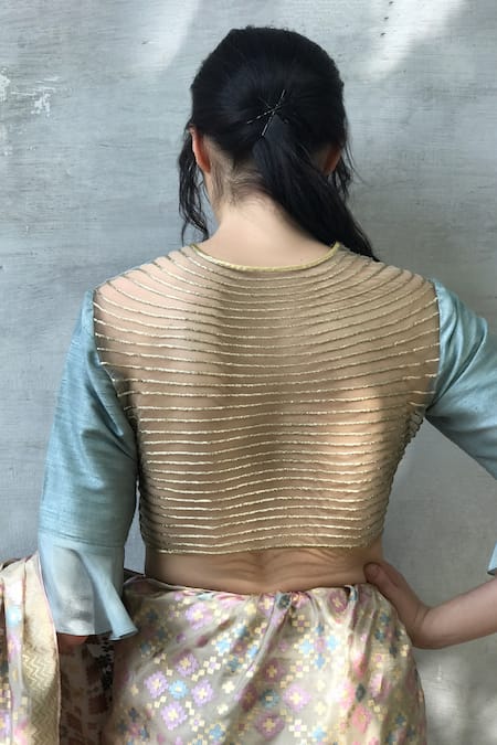 I Am Design_Beige Silk Ikat Print, Floral And Kantha Embroidery Round Saree With Blouse _at_Aza_Fashions