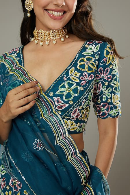 I Am Design_Blue Raw , Organza Blueberry Candy Embroidered Bridal Lehenga Set _at_Aza_Fashions