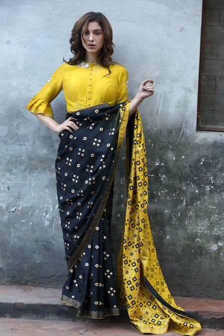 Shop_I Am Design_Black Silk Ikat Print Ombre Saree _Online_at_Aza_Fashions