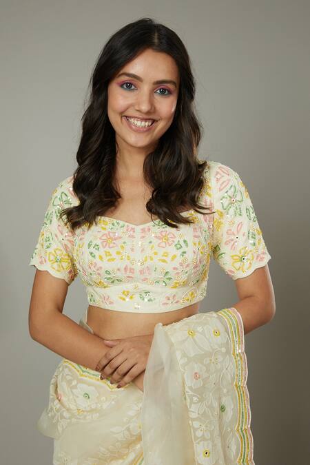 Buy I Am Design Ivory Raw , Organza Floral French Vanilla Embroidered Saree Set Online at Aza Fashions Buy_I Am Design_Ivory Raw , Organza Floral French Vanilla Embroidered Saree Set _Online_at_Aza_Fashions