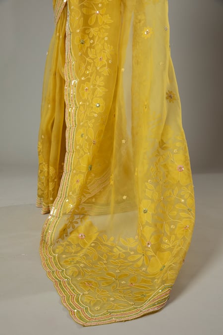 Shop_I Am Design_Yellow Raw , Organza Floral Mango Bite Candy Embroidered Saree Set _Online_at_Aza_Fashions