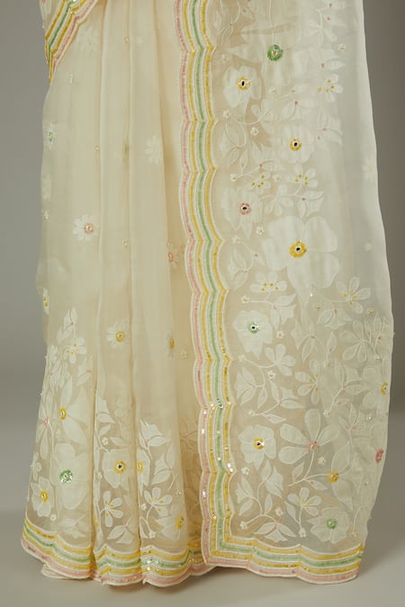 I Am Design Ivory Silk Organza Floral Pattern, Sequins French Vanilla Embroidered Saree at Aza Fashions I Am Design_Ivory Silk Organza Floral Pattern, Sequins French Vanilla Embroidered Saree _at_Aza_Fashions