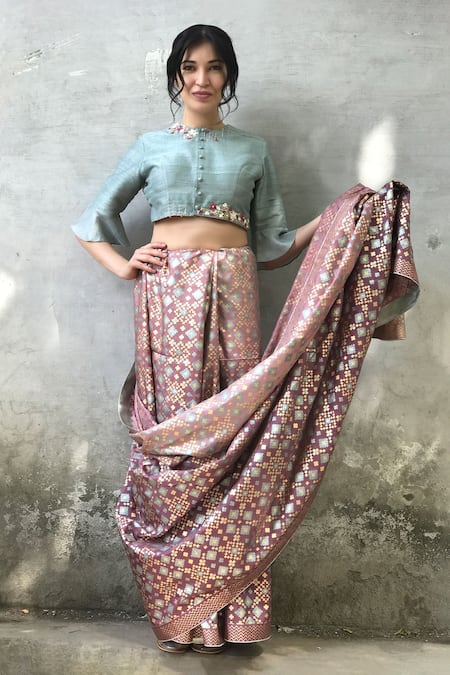 I Am Design_Purple Silk Ikat Print Pattern Saree _at_Aza_Fashions