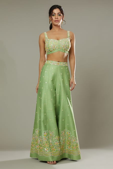 I Am Design_Green Raw , Organza Apple Candy Embroidered Palazzo Set With Kaftan _Online_at_Aza_Fashions