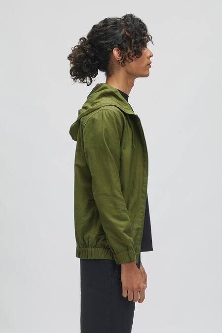 Terra Luna_Green Organic Handloom Oxford Cotton Callisto Zip Up Hoodie_Online_at_Aza_Fashions
