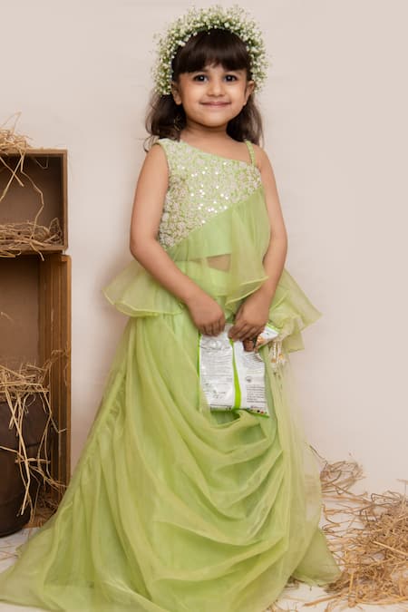 Buy Lil Angels Green Organza, Silk Sequins, Tassels, Embroidery Lehenga Set Online at Aza Fashions Buy_Lil Angels_Green Organza, Silk Sequins, Tassels, Embroidery Lehenga Set _Online_at_Aza_Fashions