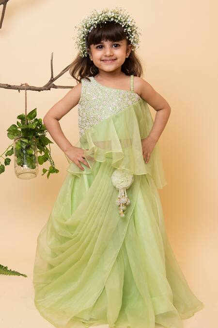 Shop Lil Angels Green Organza, Silk Sequins, Tassels, Embroidery Lehenga Set Online at Aza Fashions Shop_Lil Angels_Green Organza, Silk Sequins, Tassels, Embroidery Lehenga Set _Online_at_Aza_Fashions