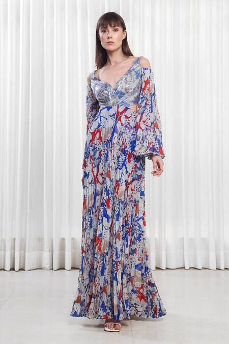 Buy_Mandira Wirk_Multi Color Polyester Sequins V-neck Floral Printed Maxi Dress _Online_at_Aza_Fashions