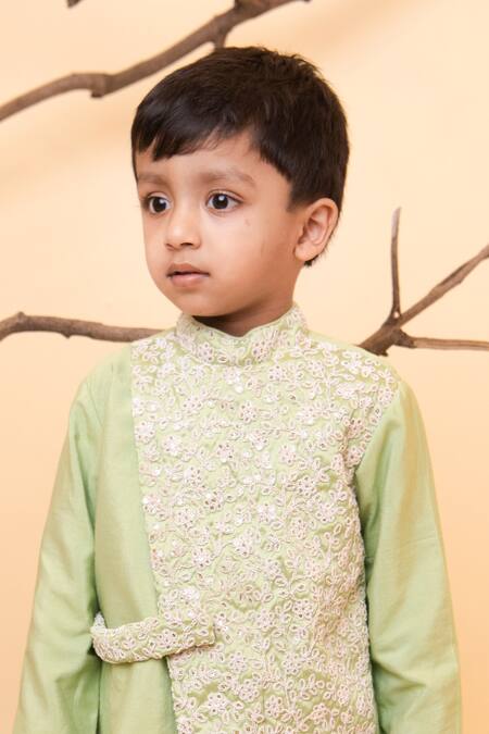 Shop Lil Angels Green Cotton, Silk Sequins Embroidered Kurta And Pant Set Online at Aza Fashions Shop_Lil Angels_Green Cotton, Silk Sequins Embroidered Kurta And Pant Set _Online_at_Aza_Fashions