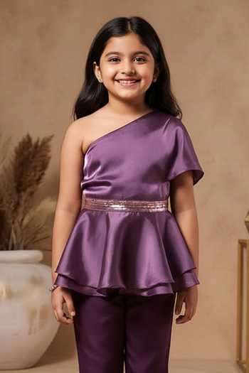 B'Infinite Royal Amethyst One-Shoulder Peplum Top For Kids