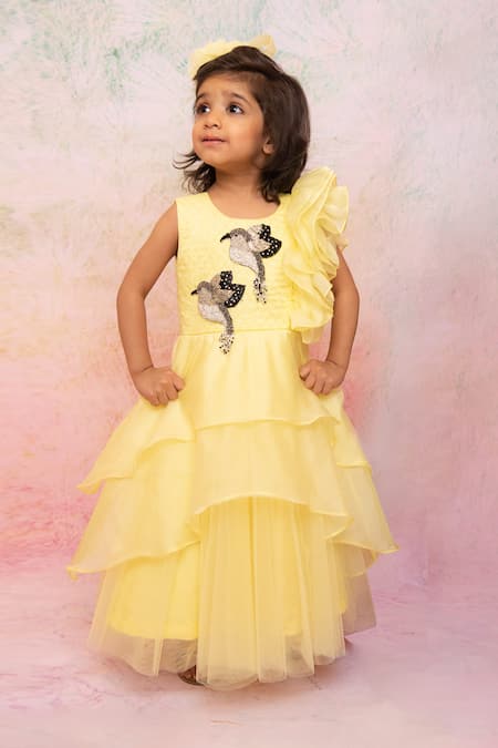 Lil Angels Yellow Organza, Net Sequins, Beads Embroidered Gown 