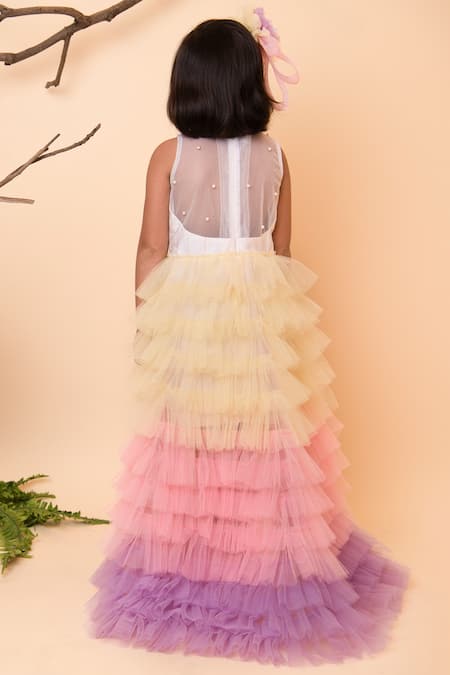 Shop Lil Angels White Net, Silk Sequins, Applique Embellished Ruffle Dress at Aza Fashions Shop_Lil Angels_White Net, Silk Sequins, Applique Embellished Ruffle Dress _at_Aza_Fashions