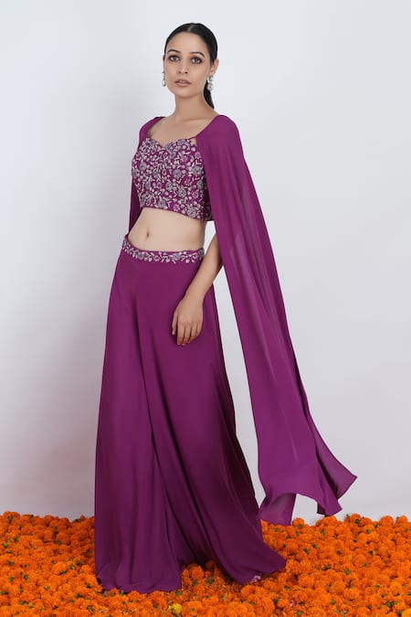 Rashi Jain_Purple Viscose Georgette Cut Dana, Zari And Falsa Embroidered Blouse & Palazzo Set _Online_at_Aza_Fashions