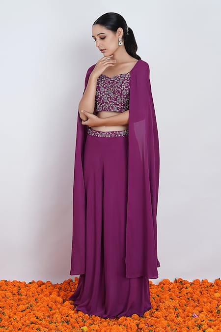 Buy_Rashi Jain_Purple Viscose Georgette Cut Dana, Zari And Falsa Embroidered Blouse & Palazzo Set _Online_at_Aza_Fashions