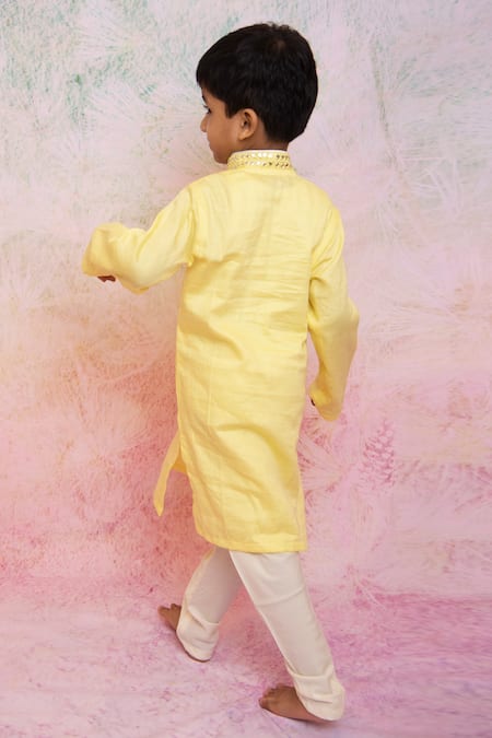 Shop Lil Angels Yellow , Satin Mirrors Embroidered Kurta And Pant Set at Aza Fashions Shop_Lil Angels_Yellow , Satin Mirrors Embroidered Kurta And Pant Set _at_Aza_Fashions