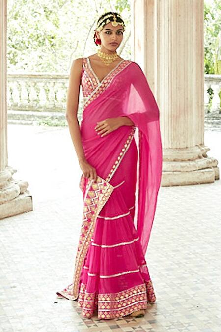 Gopi Vaid_Pink Blouse Tussar Silk, Saree Georgette Gota Leaf Neck Anupa Pre-draped With_Online_at_Aza_Fashions