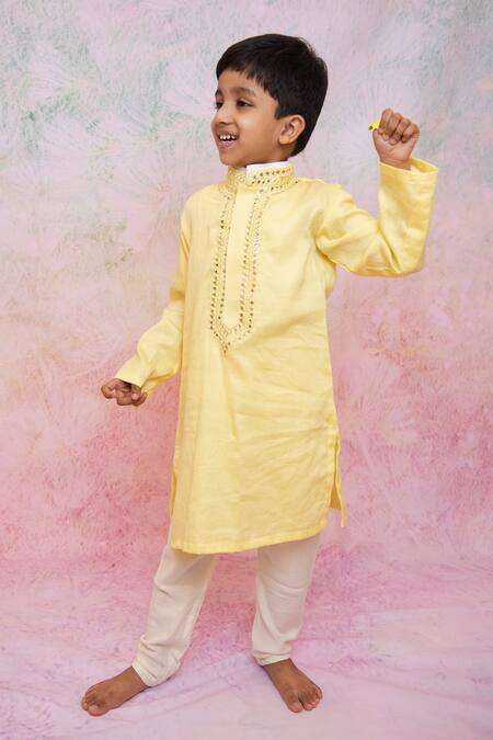 Shop Lil Angels Yellow , Satin Mirrors Embroidered Kurta And Pant Set Online at Aza Fashions Shop_Lil Angels_Yellow , Satin Mirrors Embroidered Kurta And Pant Set _Online_at_Aza_Fashions
