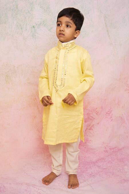 Lil Angels Yellow , Satin Mirrors Embroidered Kurta And Pant Set at Aza Fashions Lil Angels_Yellow , Satin Mirrors Embroidered Kurta And Pant Set _at_Aza_Fashions