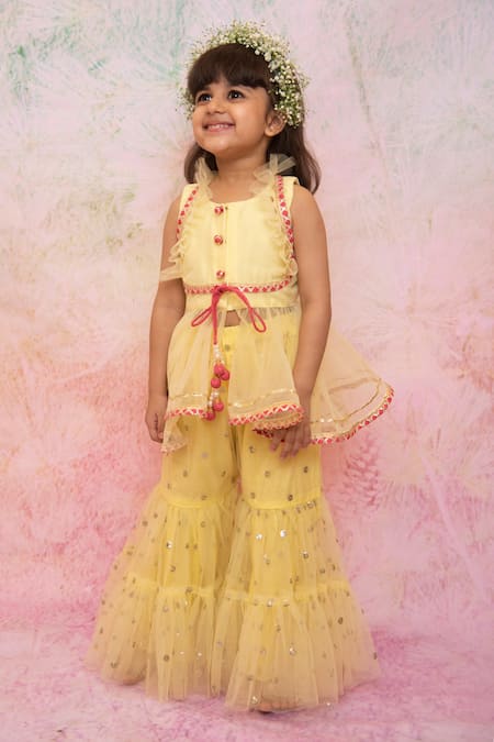 Lil Angels Yellow Cotton, Net Embroidery, Sequins Kurta And Sharara Set 