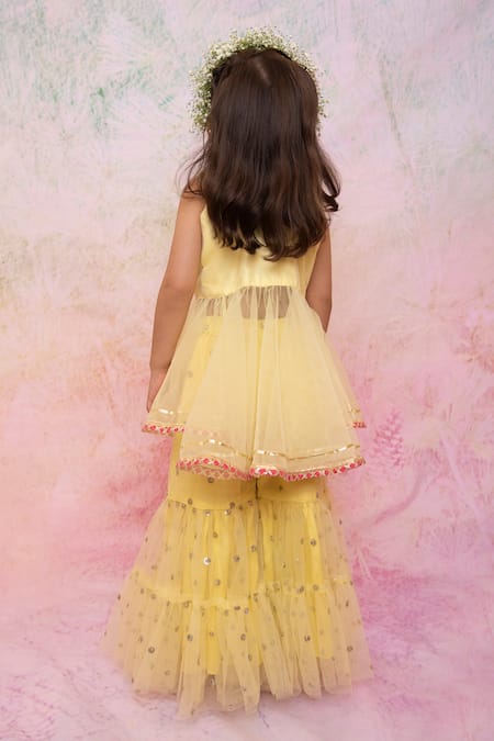 Shop Lil Angels Yellow Cotton, Net Embroidery, Sequins Kurta And Sharara Set at Aza Fashions Shop_Lil Angels_Yellow Cotton, Net Embroidery, Sequins Kurta And Sharara Set _at_Aza_Fashions