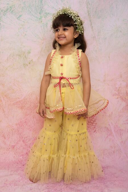 Lil Angels Yellow Cotton, Net Embroidery, Sequins Kurta And Sharara Set Online at Aza Fashions Lil Angels_Yellow Cotton, Net Embroidery, Sequins Kurta And Sharara Set _Online_at_Aza_Fashions