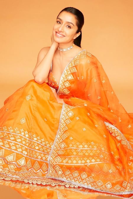 Gopi Vaid Orange Blouse And Lehenga Tussar Silk & Dupatta Organza Embroidery Thread & Set